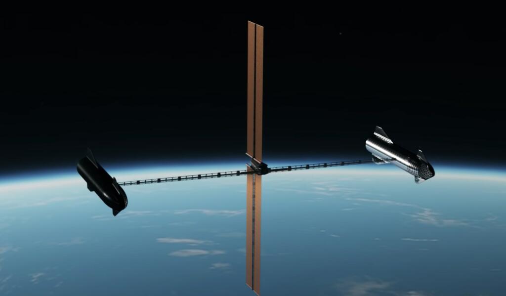Renderings of Two Starships Connected for Simulated Gravity Space