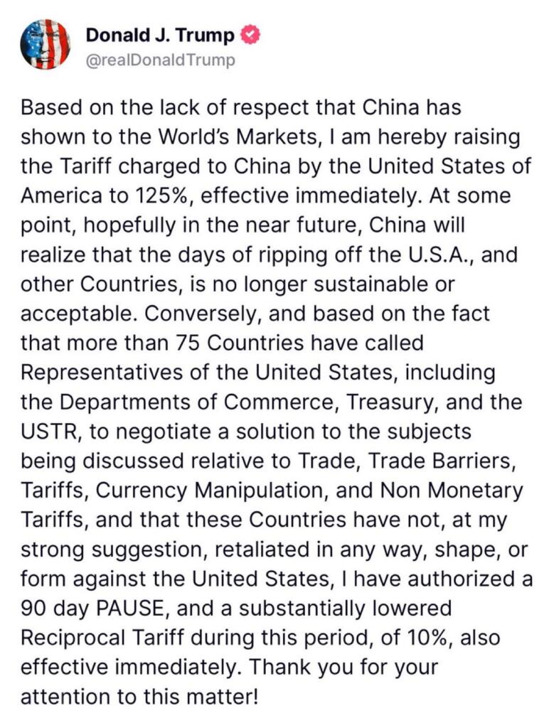 90 Day Pause on Tariffs for Everyone Except China | NextBigFuture.com