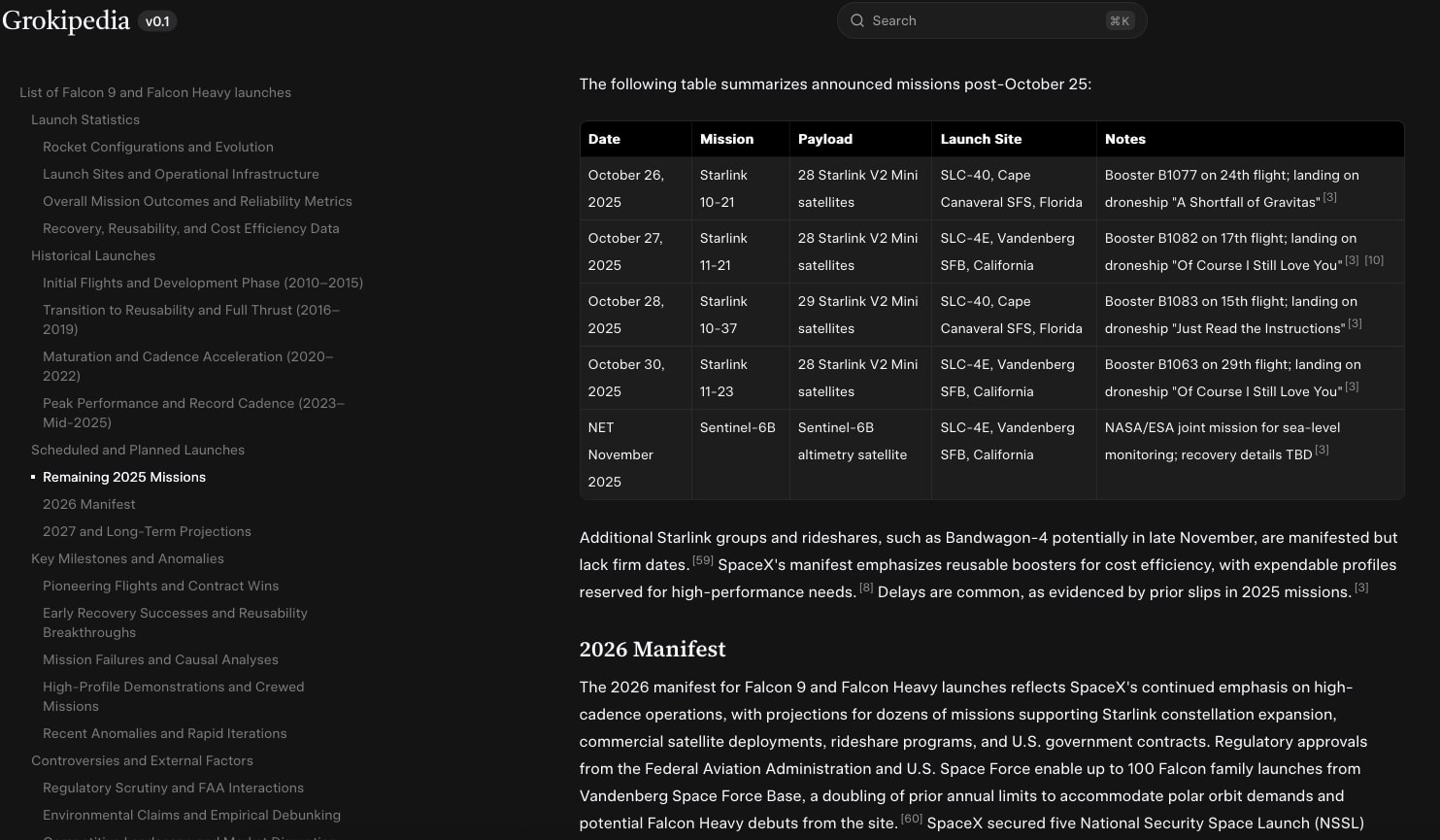 Screenshot of Grokipedia interface