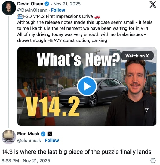 Tesla FSD 14.2 is Great and FSD 14.3 Will Complete Readiness for Unsupervised Robotaxi