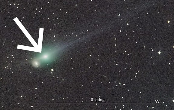 Processed image of Comet 3I Atlas showing an unusual extended tail structure