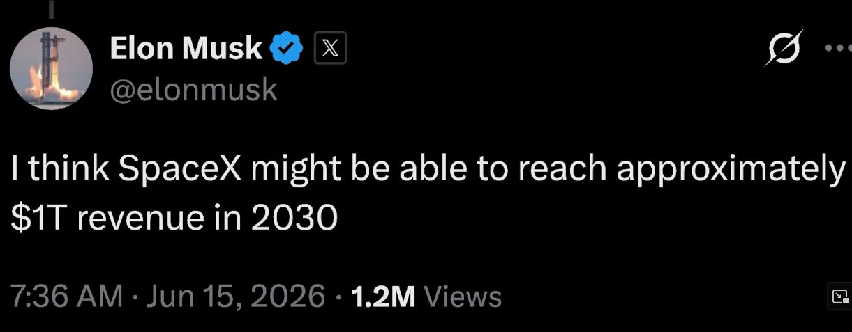 Elon Says $1 Trillion Revenue for SpaceX in 2030 Like I Have Projected — GLOBAL — Aslikannih